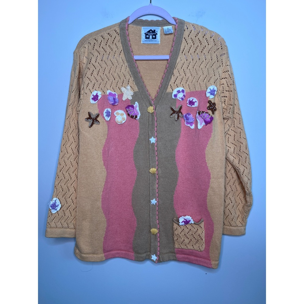 2000s Storybook Knits Seashells Ocean Maximalist Coastal Beaded Cardigan M